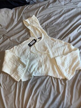 Nasty Gal White Ribbed Cropped Hoodie with 3/4 Sleeves